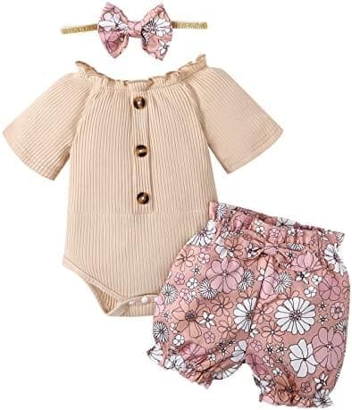Borlai Bebé Niña Ropa de Verano Tops de Manga Corta con Volantes y Flores Pantalón Corto Bandeau 3Pcs Conjunto de Ropa de Bebé 0-18 Meses