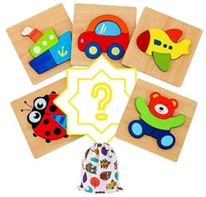 IMMEK Juguetes Bebes Puzzle de Madera para Niños y Niños 1 Año 2 3 4 5 Años Montessori Educativos Rompecabezas Juegos Regalos Aprendizaje 3D Animales y Vehículos 5 Piezas + 1 Patrón Aleatorio