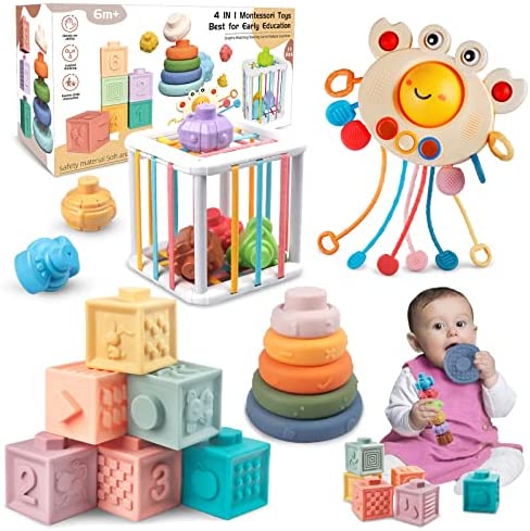 Juguetes para bebés de 6 a 12 meses, juguetes Montessori 5 en 1 para niños  de 1 año, incluye juguete de cuerda de viaje y clasificador de formas y