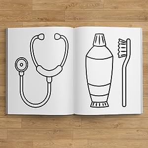 Un libro para colorear para niños con un estetoscopio y un cepillo de dientes