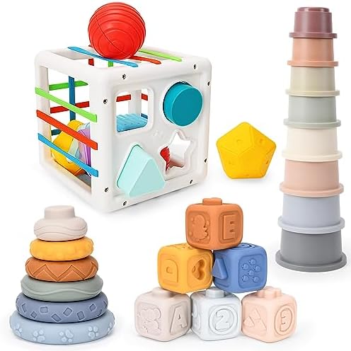 balnore Juguetes Montessori Bebes 0-6 Meses, 5 in 1 Juguetes Bebes 6-12  Meses 29PCS Juguetes Sensoriales Anillos Apilables/Bloques de  Construcción/Cubos Regalos para 1 2 3 Años