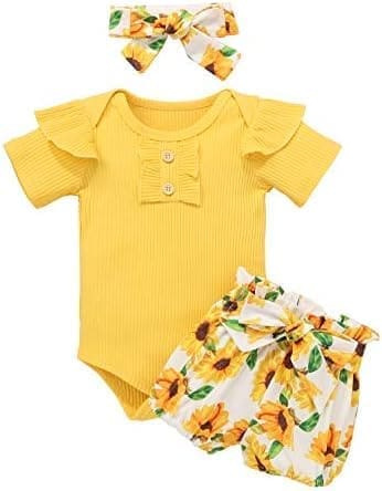 Bonfor 3 Piezas Ropa Bebe Niña 0-3 Meses Conjunto Verano de Floral Mono + Pantalón Corto + Banda de Pelo para Recien Nacido Niño 0-24 Meses Algodon Barata